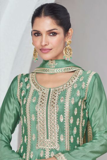Vartika Singh Glamorous Sea Green Color Chinon Fabric Readymade Palazzo Suit 