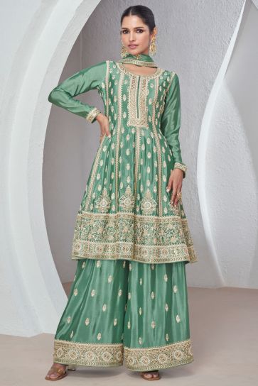 Vartika Singh Glamorous Sea Green Color Chinon Fabric Readymade Palazzo Suit 