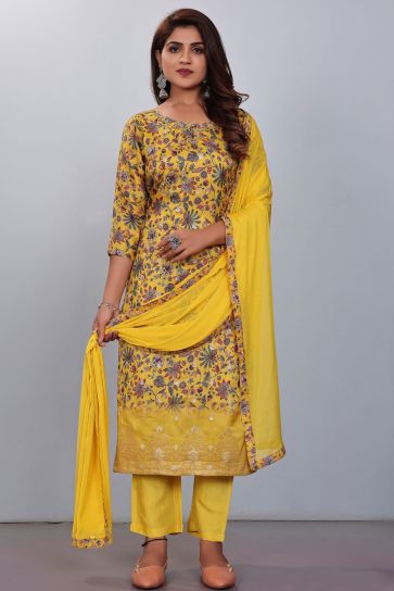 Digital Printed Yellow Color Muslin Fabric Beauteous Readymade Salwar Suit