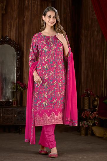 Marvellous Digital Printed Work On Muslin Fabric Readymade Salwar Suit In Rani Color