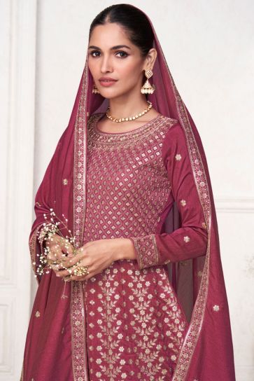Vartika Singh Maroon Color Exquisite Embroidered Readymade Salwar Suit In Art Silk Fabric