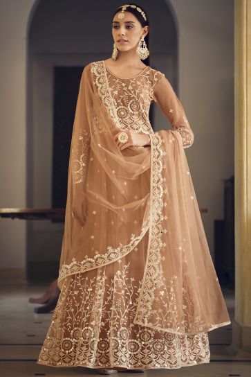 Brown Color Embroidered Party Wear Long Anarkali Salwar Suit In Net Fabric
