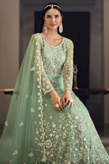 Sangeet Wear Embroidered Long Anarkali Salwar Kameez In Net Fabric Sea Green Color