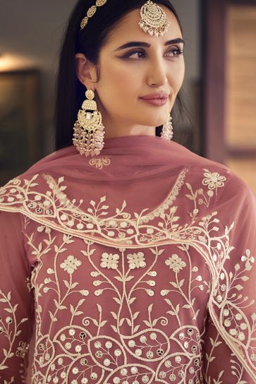 Pink Color Embroidered Wedding Wear Long Anarkali Salwar Suit In Net Fabric
