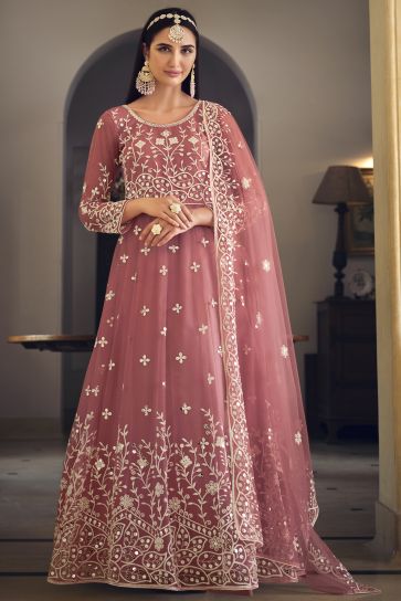 Pink Color Embroidered Wedding Wear Long Anarkali Salwar Suit In Net Fabric