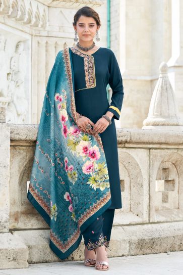 Teal Color Daily Wear Wonderful Readymade Embroidered Kurti Pant With Dupatta In Rayon Fabric