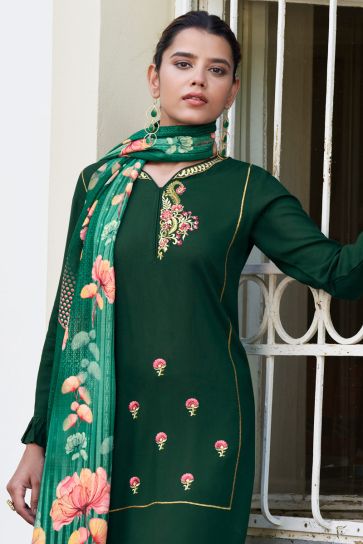 Dark Green Color Rayon Fabric Beguiling Readymade Embroidered Kurti Pant With Dupatta In Casual Wear