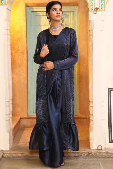 Attractive Party Style Art Silk Ready to Wear Saree With Long Jacket In Navy Blue Color