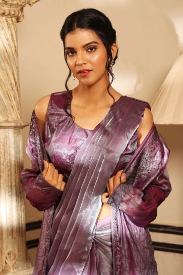 Purple Color Graceful Party Style Art Silk Ready to Wear Saree With Long Jacket