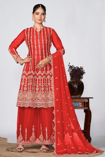 Stylish Red Color Chinon Fabric Readymade Embroidered Palazzo Suit