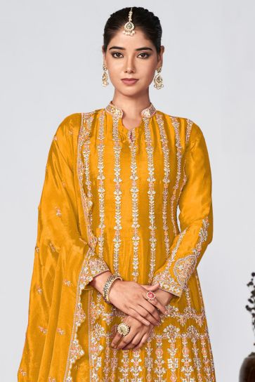 Elegant Yellow Color Chinon Fabric Function Wear Readymade Embroidered Palazzo Suit