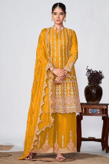 Elegant Yellow Color Chinon Fabric Function Wear Readymade Embroidered Palazzo Suit