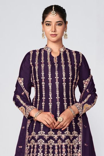 Function look Chinon Fabric Readymade Embroidered Palazzo Suit in Purple Color