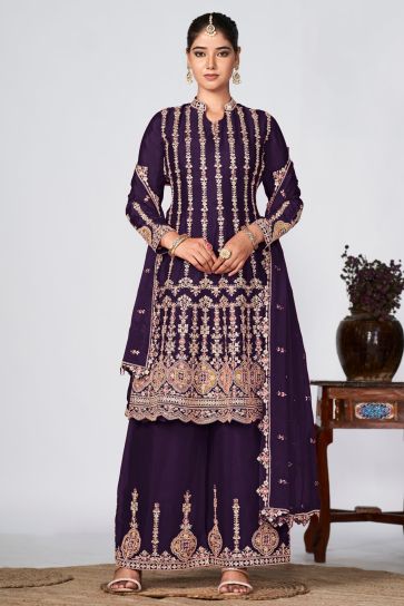 Function look Chinon Fabric Readymade Embroidered Palazzo Suit in Purple Color