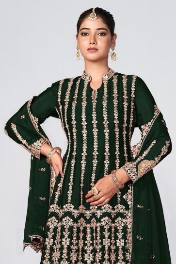 Dark Green Color Chinon Fabric Readymade Embroidered Palazzo Suit For Function