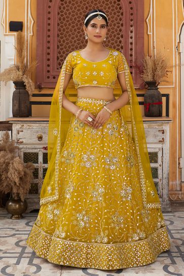 Function Wear Mustard Color Sequins Work Lovely Lehenga In Net Fabric