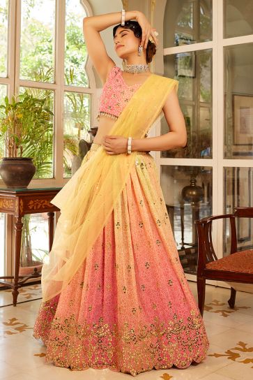 Elegant Multi Color Organza Silk Fabric Sangeet Wear Embroidered Lehenga