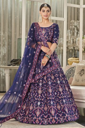 Navy Blue Color Silk Fabric Supreme Wedding Wear Lehenga