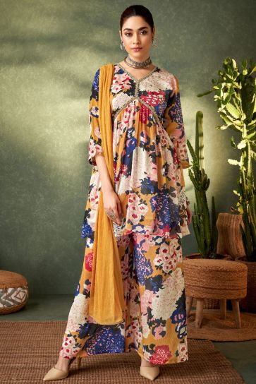 Multi Color Chinon Fabric Readymade Printed Palazzo Suit