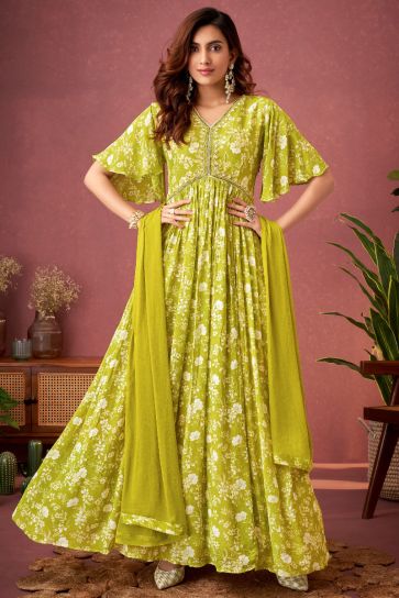 Chinon Printed Readymade Gown In Green Color