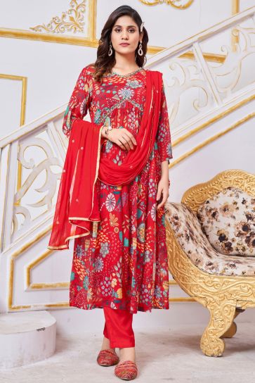 Red Color Chinon Fabric Fancy Printed Readymade Anarkali Salwar Kameez