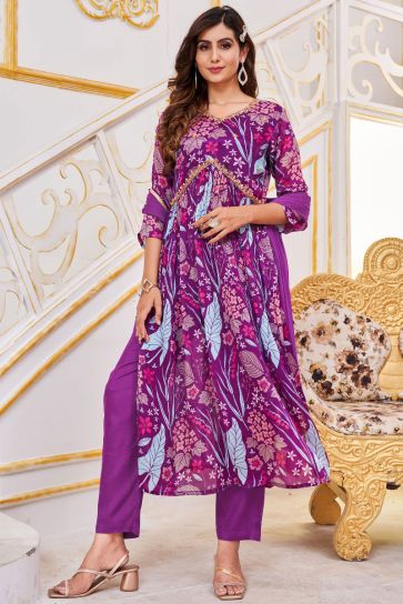 Chinon Fabric Fancy Printed Readymade Anarkali Salwar Kameez In Purple Color