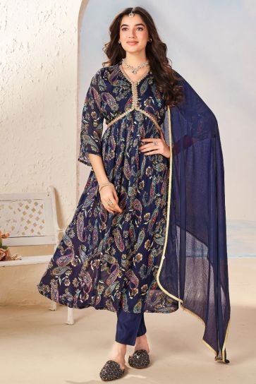 Navy Blue Color Printed Readymade Anarkali Salwar Suit In Chinon Fabric