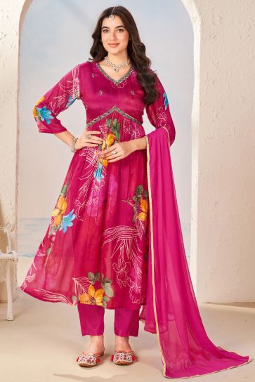 Rani Color Printed Readymade Anarkali Salwar Kameez In Chinon Fabric