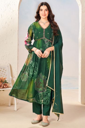 Green Color Printed Readymade Anarkali Salwar Suit In Chinon Fabric