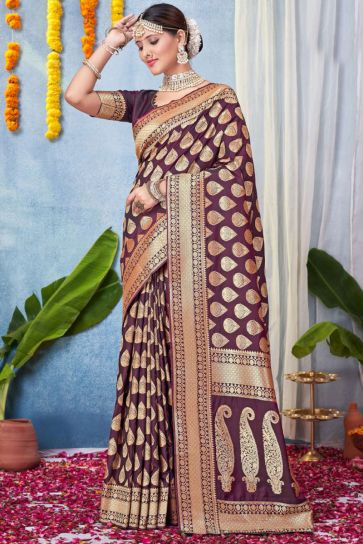 Brown Color Fantastic Art Silk Fabric Saree In Function Wear