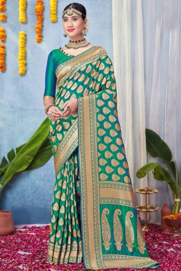 Appealing Function Wear Art Silk Fabric Saree In Sea Green Color