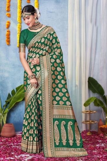 Function Wear Dark Green Color Aristocratic Art Silk Fabric Saree