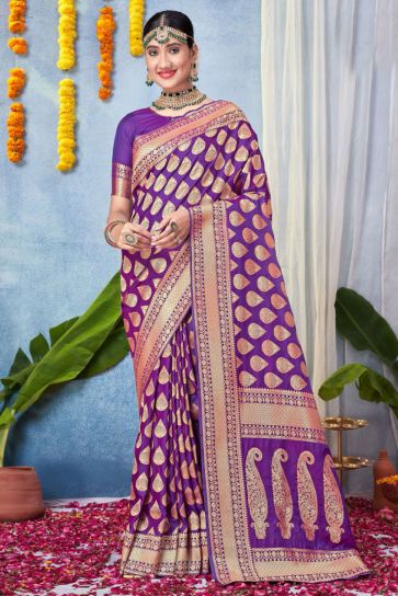 Imperial Purple Color Art Silk Fabric Saree In Function Wear