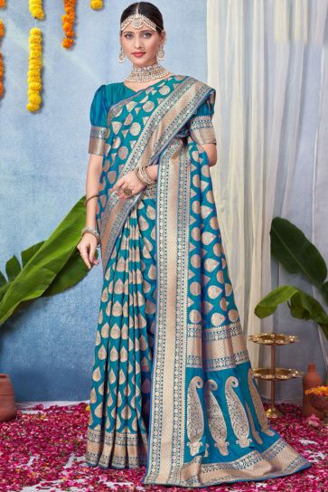 Function Wear Awesome Art Silk Fabric Saree In Teal Color