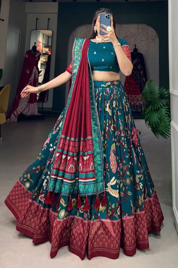 Traditional Function Wear Teal Color Printed Lehenga In Art Silk Fabric