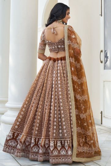 Brown Color Sequins Work On Net Fabric Chic Lehenga