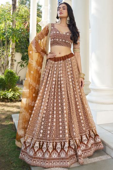 Brown Color Sequins Work On Net Fabric Chic Lehenga