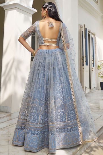 Graceful Net Fabric Blue Color Lehenga With Sequins Work