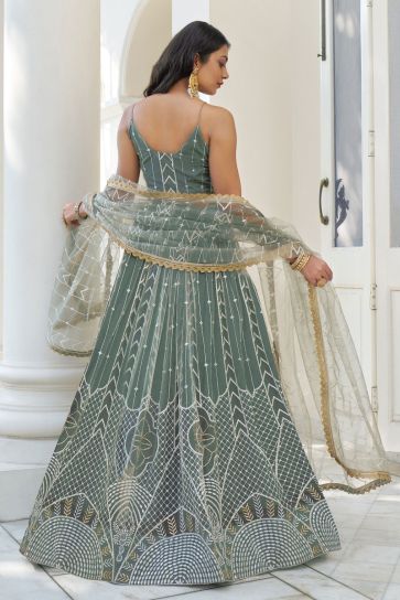 Amazing Sequins Work On Green Color Net Fabric Lehenga