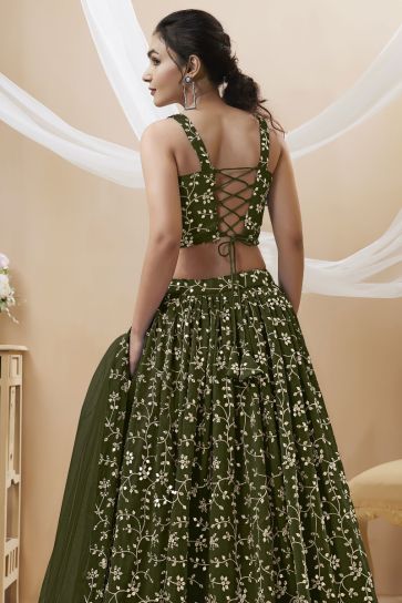 Dark Green Color Designer Embroidered Lehenga Choli In Georgette Fabric