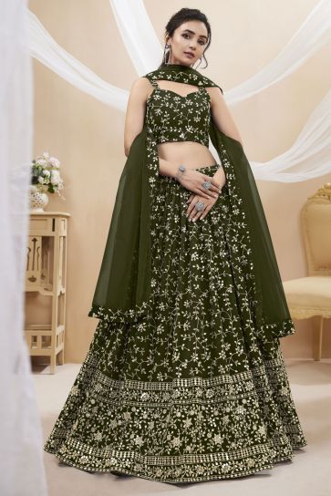 Dark Green Color Designer Embroidered Lehenga Choli In Georgette Fabric