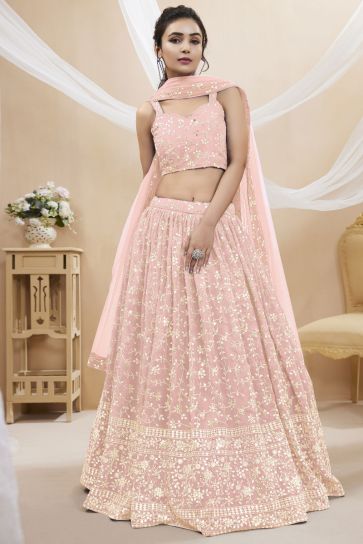 Peach Color Embroidered Sangeet Wear Lehenga Choli In Georgette Fabric
