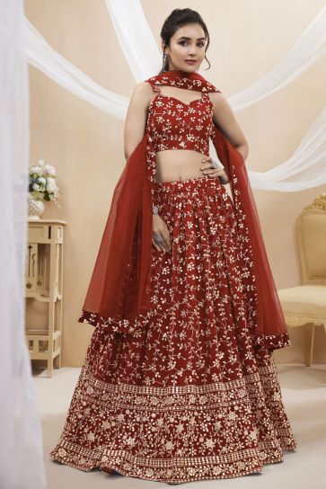 Georgette Fabric Embroidered Lehenga Choli In Red Color