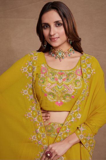 Embroidered Yellow Color Designer 3 Piece Lehenga Choli In Georgette Fabric