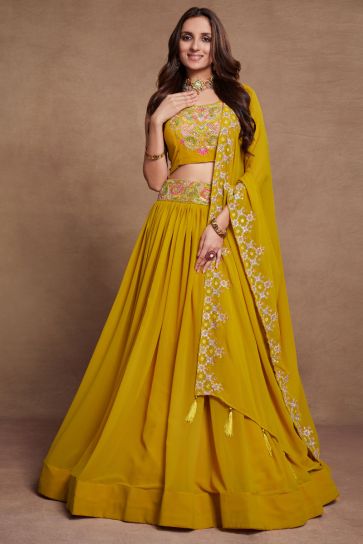 Embroidered Yellow Color Designer 3 Piece Lehenga Choli In Georgette Fabric