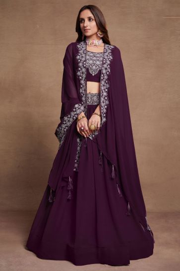 Georgette Fabric Sangeet Wear Embroidered Lehenga Choli In Purple Color