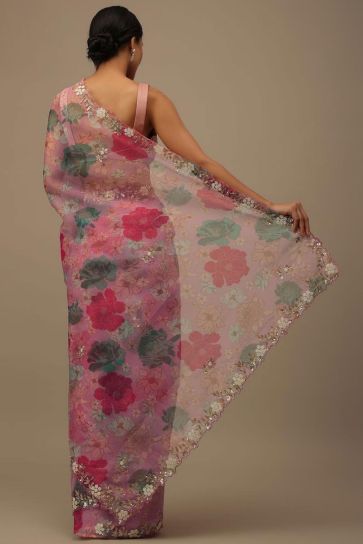 Organza Fabric Pink Color Supreme Floral Print Saree