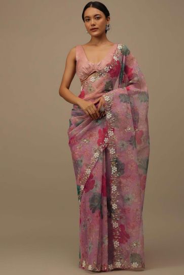 Organza Fabric Pink Color Supreme Floral Print Saree