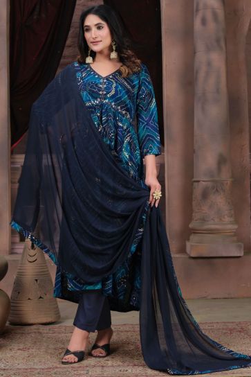 Blue Color Printed Anarkali Suit In Rayon Fabric
