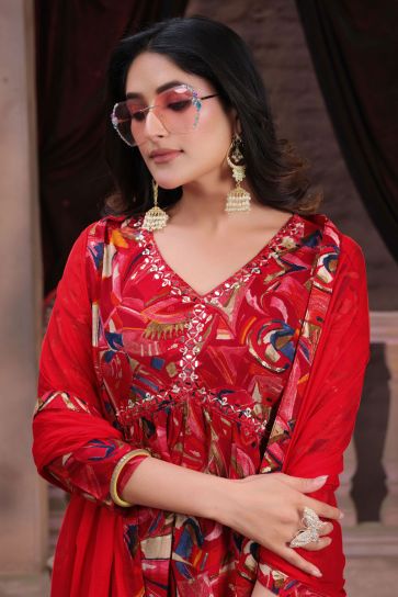 Printed Rayon Fabric Red Color Anarkali Salwar Kameez